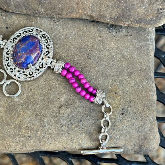 New in box! Purple Turquoise Mix Beaded Bracelet Silver Toned Earthy Boho 5.5” - Picture 5 of 5